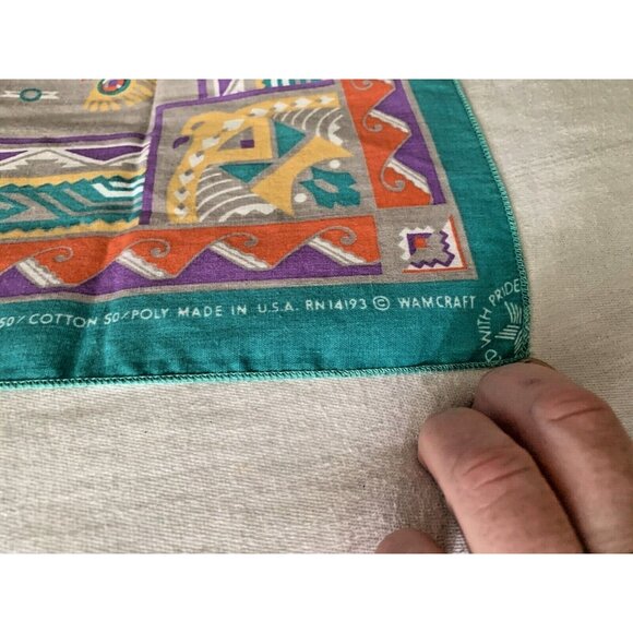 Vintage Wamcraft Bandana 50/50 Cotton Poly Southwest Turquoise Thunderbird USA - Picture 4 of 7